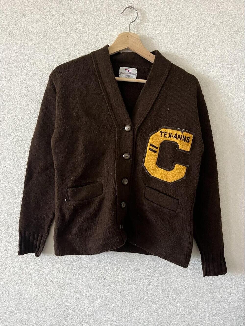 Vintage Tex-Anns Varsity Letterman Cardigan Sweater Brown